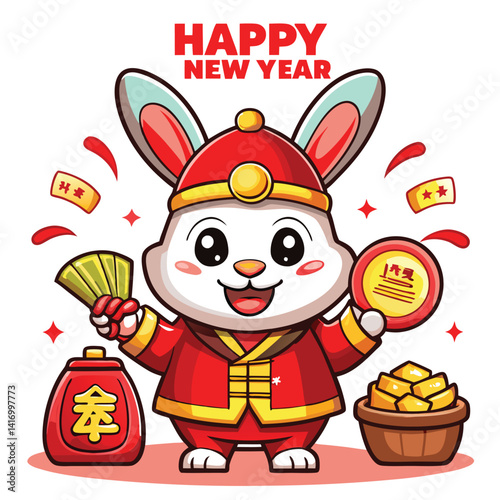 Happy New Year cartoon rabbit in traditional Chinese attire holding money and gold ingots