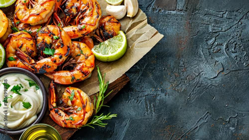 Enjoy succulent grilled shrimp paired with lime and garlic on a rustic wooden platter, perfect for a coastal meal Enjoy succulent grilled shrimp paired with lime and garlic on a rustic wooden platter, perfect for a coastal meal
