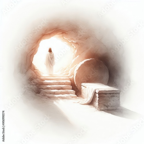 The risen Jesus near the empty tomb with soft morning light – minimalist watercolor with centered composition and quiet mood