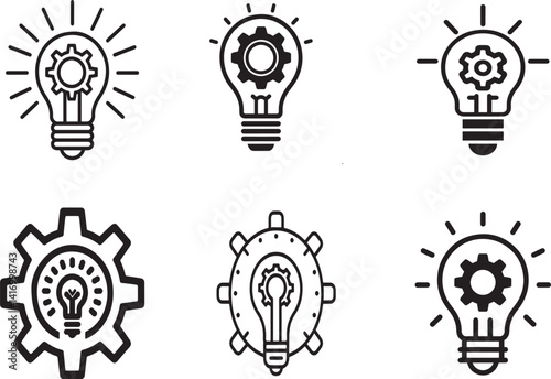  bulb icon set Light bulb icon, gear inside line art
