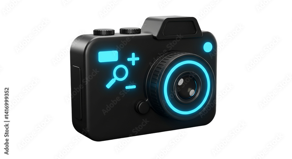 A black camera with blue glowing lens and zoom icons on a black background in a studio shot style