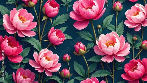 Fototapeta Naklejka Na Ścianę i Meble -  Bold peony blossoms & buds, vibrant seamless repeat, texture, botanical pattern, textile