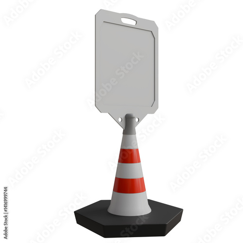 High-visibility mini billboard mockup on a traffic cone with striped design, perfect for temporary alerts or roadwork signage – 3D isolated views photo