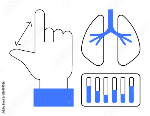 Hand indicating measurement, lung diagram with bronchi highlights, and test kit for diagnostics. Ideal for healthcare, pulmonary testing, health awareness, medical diagnostics, disease prevention