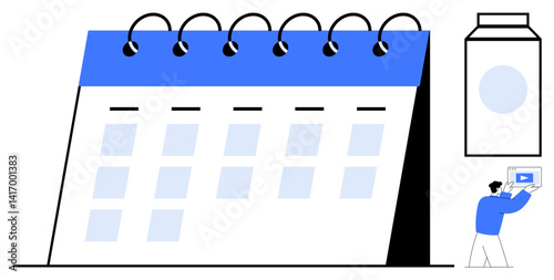 Desktop calendar with marked days, a person arranging tasks on a screen, and a milk carton icon. Ideal for scheduling, planning, productivity, organization, time management, minimalistic concepts