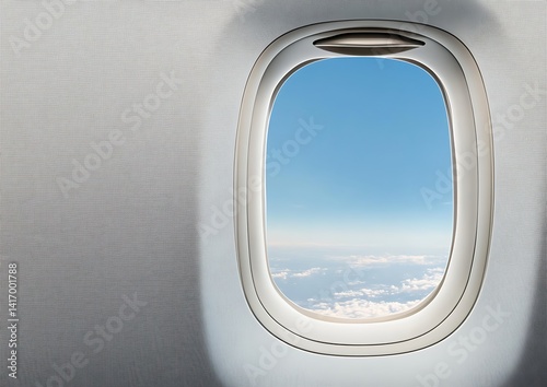  Isolated airplane window with blue sky 