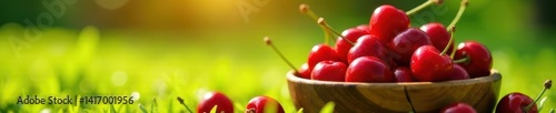 Sun-drenched cherries overflowing a wooden bowl, idyllic grassy setting, photography, food, field