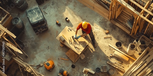 Focused worker using tools on a residential construction site, surrounded by building materials and equipment, showcasing craftsmanship, precision, and hands-on project execution..