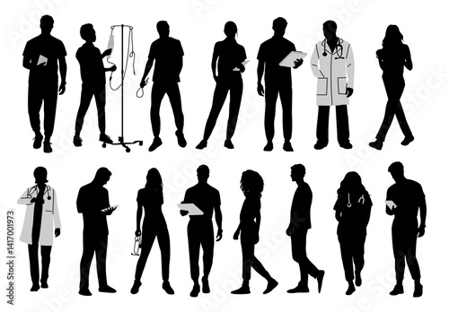Silhouettes of doctors, nurses, paramedics. Different male, female medic workers in uniform scrubs and lab coats, with stethoscopes. Vector illustrations isolated on white transparent background