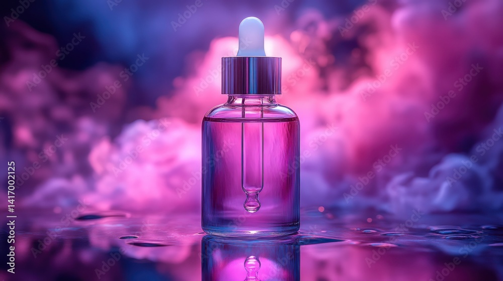 Liquid dropper bottle in neon light