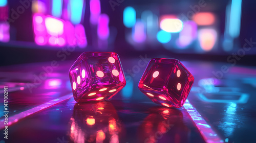 Dice Pair on Neon Board: Two translucent red dice rest on a circuit board aglow with vibrant neon lights, capturing the essence of chance and the allure of the digital age.