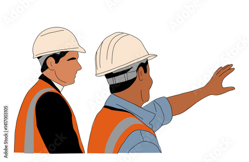Building and architecture business scene. Engineer and businessman having meeting, controlling constructions. Outline sketch drawing isolated on transparent background.