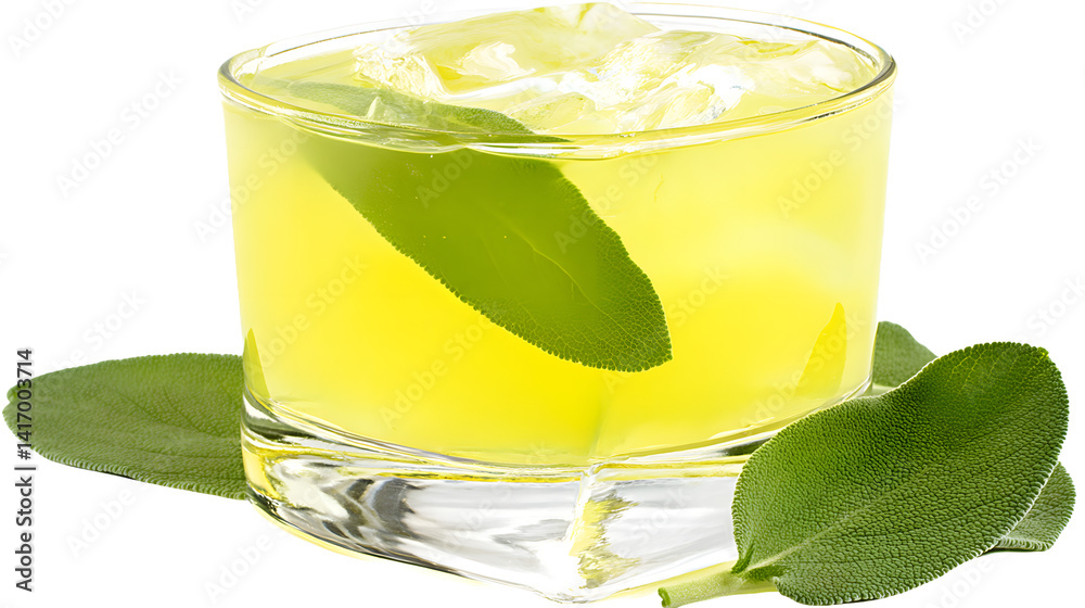 A refreshing summer cocktail in a glass with ice cubes, garnished with a slice of lime, set against a clean white background, evoking a chill and vibrant vibe.