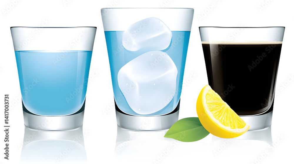 A refreshing summer cocktail in a glass with ice cubes, garnished with a slice of lime, set against a clean white background, evoking a chill and vibrant vibe.