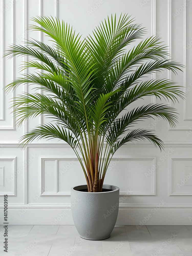 A tall, lush Kentia Palm in a gray pot stands against a bright white wall. Perfect for adding a touch of tropical elegance to any interior. A tall, lush Kentia Palm in a gray pot stands against a bright white wall. Perfect for adding a touch of tropical elegance to any interior.