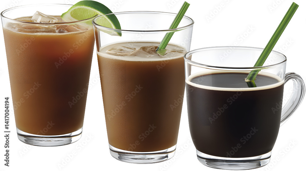 A refreshing summer cocktail in a glass with ice cubes, garnished with a slice of lime, set against a clean white background, evoking a chill and vibrant vibe.