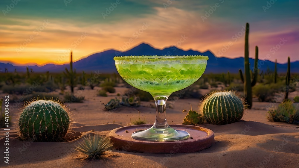 Sunset Desert Cocktail Green Margarita in Cactus Landscape