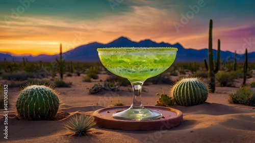 Obraz na płótnie Sunset Desert Cocktail Green Margarita in Cactus Landscape w salonie