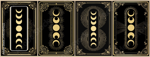A series of Tarot black and gold cards with a crescent moon, stars and mystical elements on them. Vector illustration