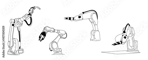 Set of outline sketch drawings of modern automatization technology, robotic arms. Artificial intelligence support industry concept. Vector hand drawn illustrations isolated,  transparent background