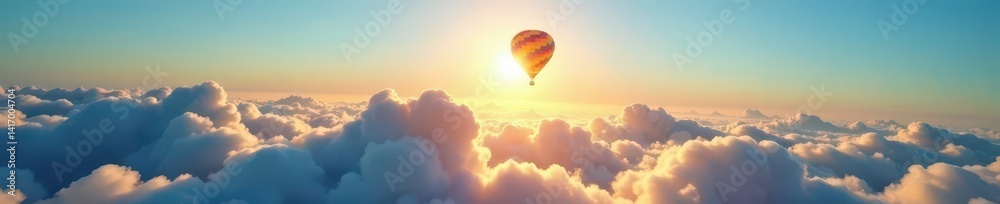 Fototapeta premium Sunlit hot air balloon soars above dramatic cloud formations, clear blue sky , travel, aerial view