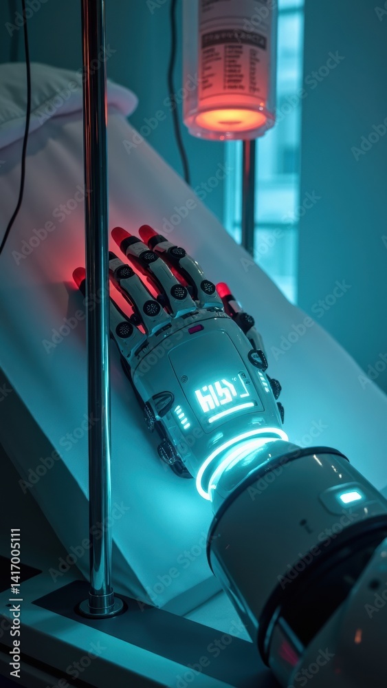 Robotic hand is on a bed with a clock on it. The clock reads 5:55