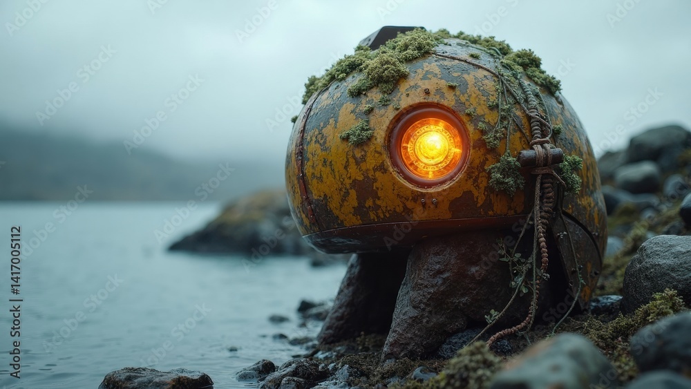 Small robot is sitting on a rocky shore near a body of water. The robot is yellow and has a light on its head. The scene has a mysterious