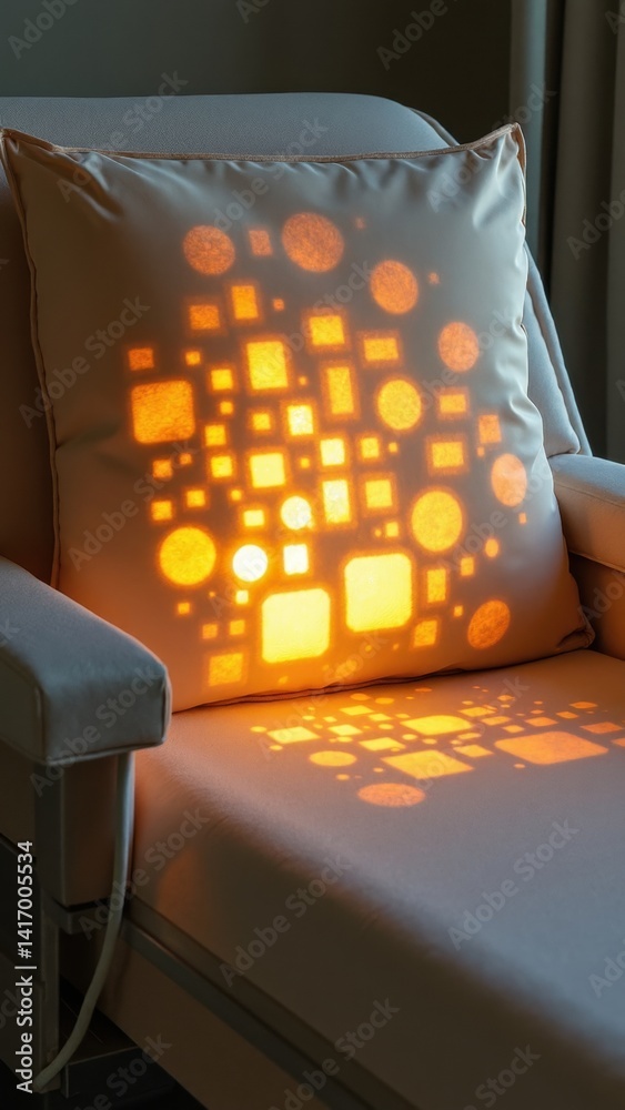 Pillow with a pattern of squares and circles is lit up by a light. The pillow is on a chair