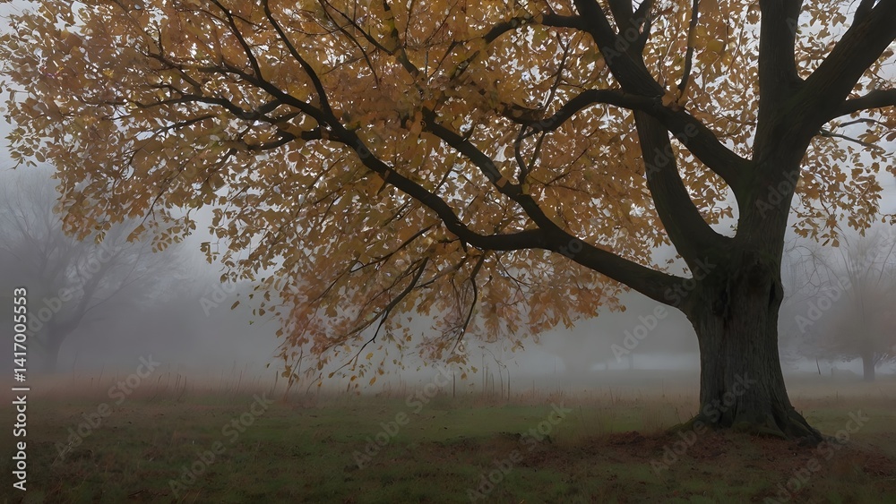 Misty Autumn Landscape Golden Leaves Foggy Tree Fall Scenery