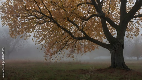 Obraz na płótnie Misty Autumn Landscape Golden Leaves Foggy Tree Fall Scenery w salonie