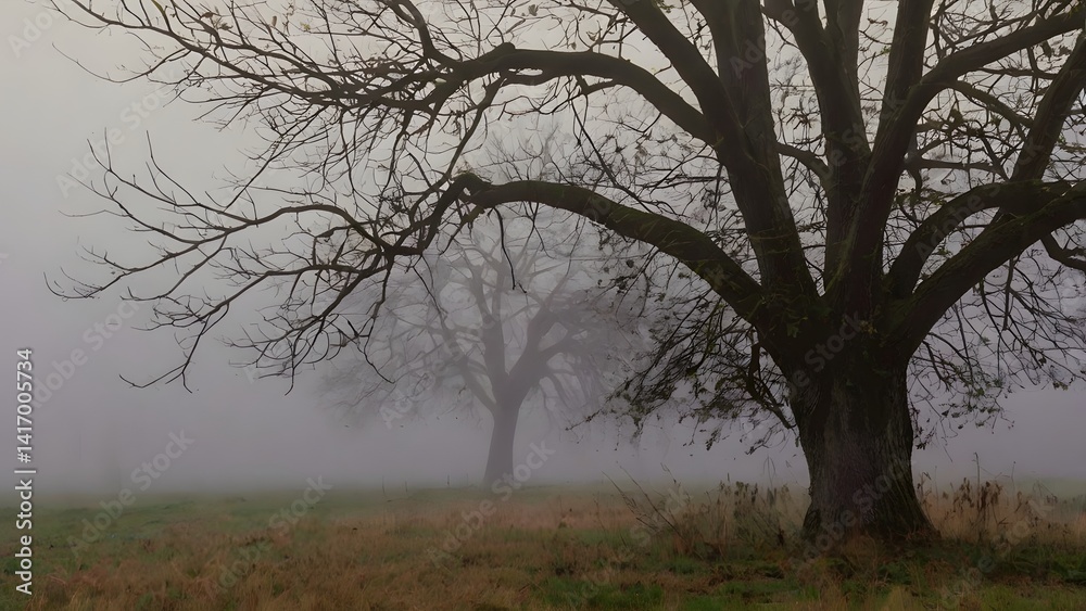 Misty Autumn Landscape with Bare Trees
