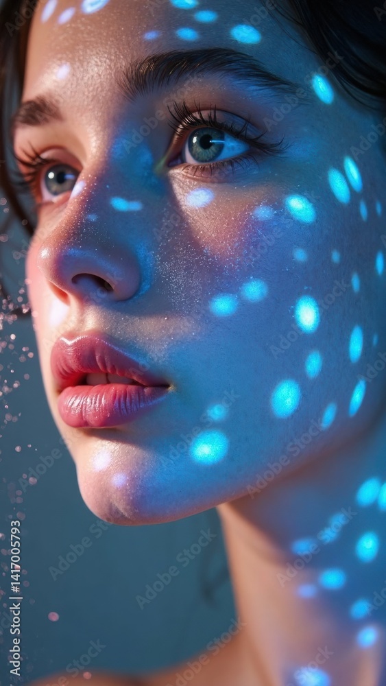Woman with blue eyes and a blue face is standing in front of a blue background. The blue face is a reflection of the blue light, creating a striking
