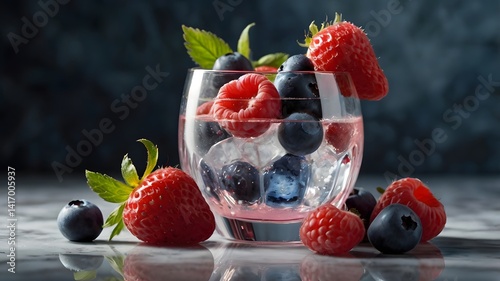 Refreshing Berry Drink with Ice Cubes in Glass