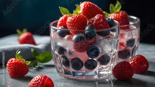 Obraz na płótnie Refreshing Berry Ice Drink with Strawberries Raspberries Blueberries w salonie