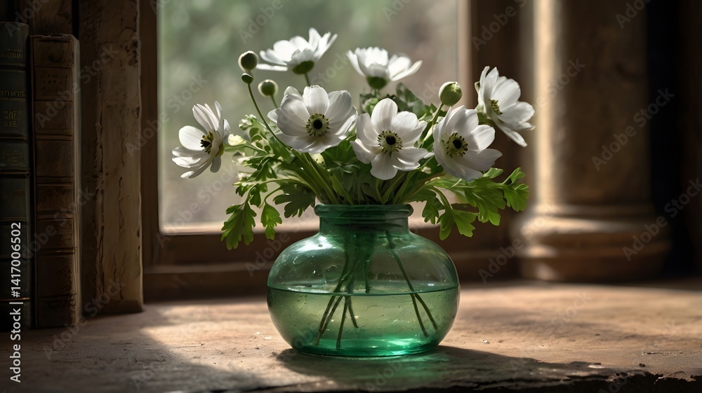 White Anemone Flowers in Green Glass Vase Window Light