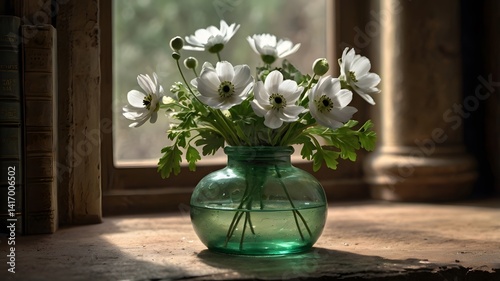 White Anemone Flowers in Green Glass Vase  Window Light