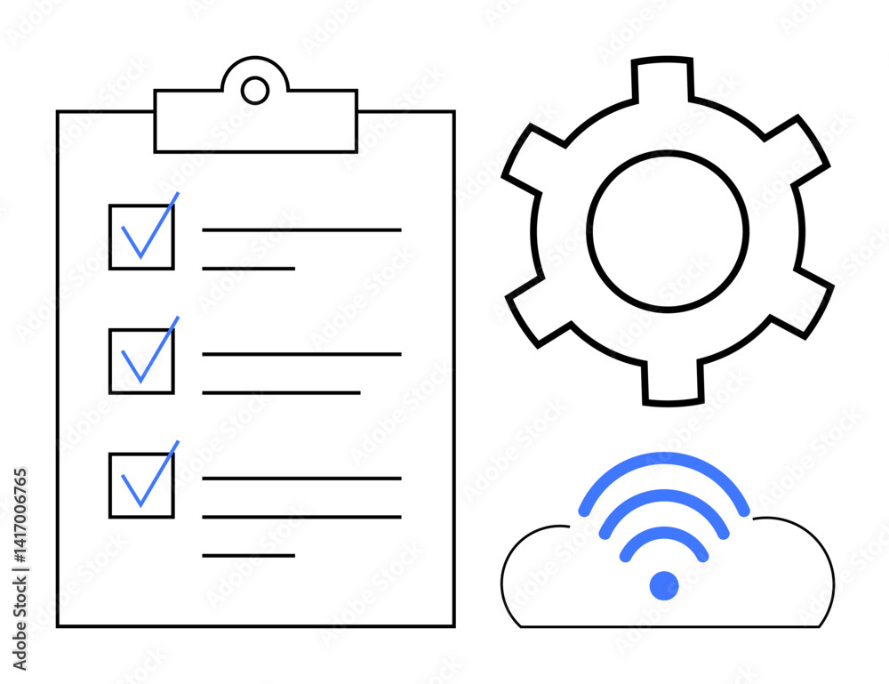 Task checklist with checkmarks, gear symbolizing settings, and cloud with wireless for connectivity. Ideal for project management, SaaS, technology, operations, remote work, organization simple Task checklist with checkmarks, gear symbolizing settings, and cloud with wireless for connectivity. Ideal for project management, SaaS, technology, operations, remote work, organization simple
