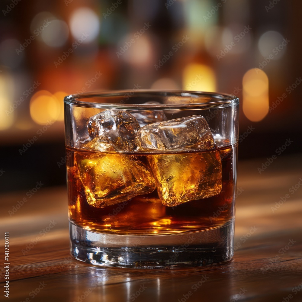Whiskey beverage with ice cubes sits on a wooden surface Whiskey beverage with ice cubes sits on a wooden surface