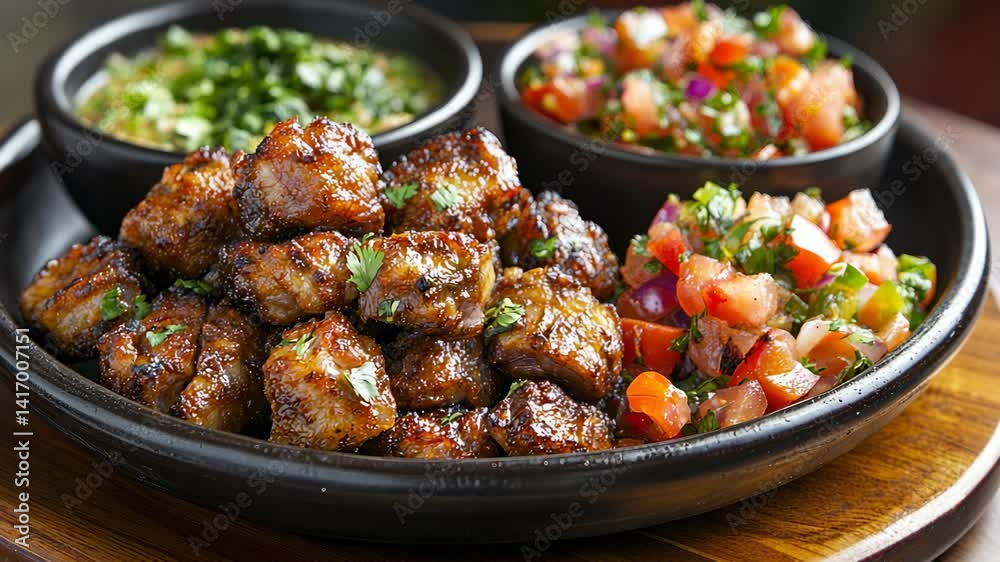 Delicious Spicy Grilled Cubes of Meat with Salsa and Guacamole Delicious Spicy Grilled Cubes of Meat with Salsa and Guacamole