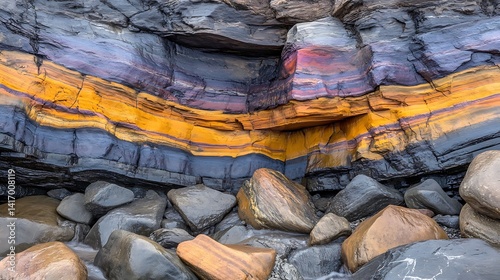 Striking geological formation displaying distinct stratification and boulder field