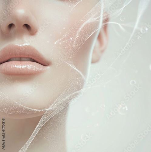 A clean, minimalist skincare banner featuring a close-up of smooth, healthy female skin with no makeup, softly lit under diffused white light.