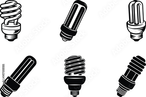 Creative stylish Energy saving fluorescent lamp silhouette vector art, Energy saving fluorescent lamp line art vector illustration set