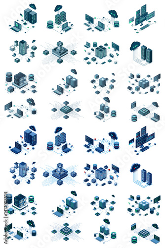 Large set of isometric modern technology concept for cloud computing, datacenter, database, artificial intelligence, and blockchain technology. Isometric technology