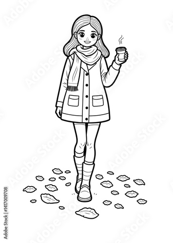 Girl Enjoying Hot Drink While Walking on Autumn Leaves, coloring page 