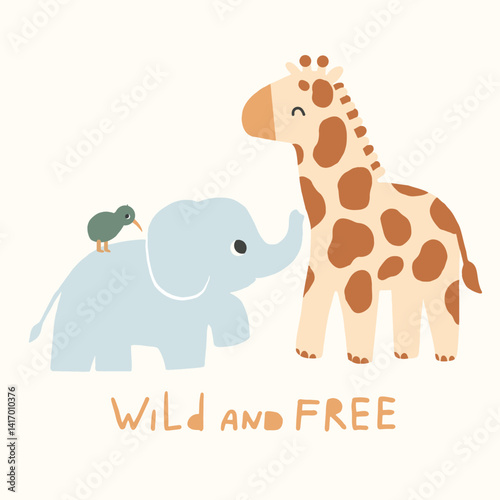 Cute card with elephant, giraffe and kiwi bird, for baby shower decor, nursery print, kids apparel, wrapping paper, fabric, and textile. Vector illustration.