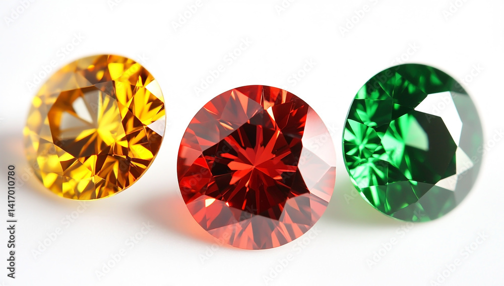Fototapeta premium Three round-cut gemstones in red, yellow, and green on a white background
