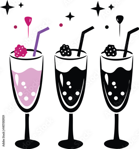 vector illustration of three cocktails with berries and straws