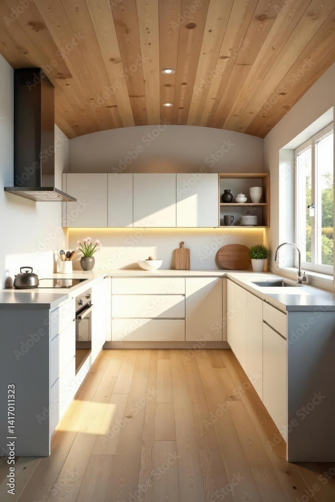 Fototapeta premium Bright airy kitchen, curved ceiling, natural wood, white cabinets , airy kitchen, shelves, plants