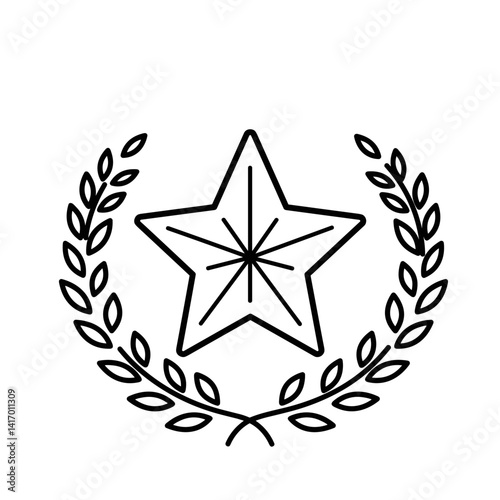 Star emblem with laurel wreath in linear style  