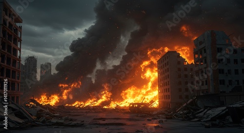 Apocalyptic Cityscape: Devastation and Inferno in a War-Torn Urban Environment